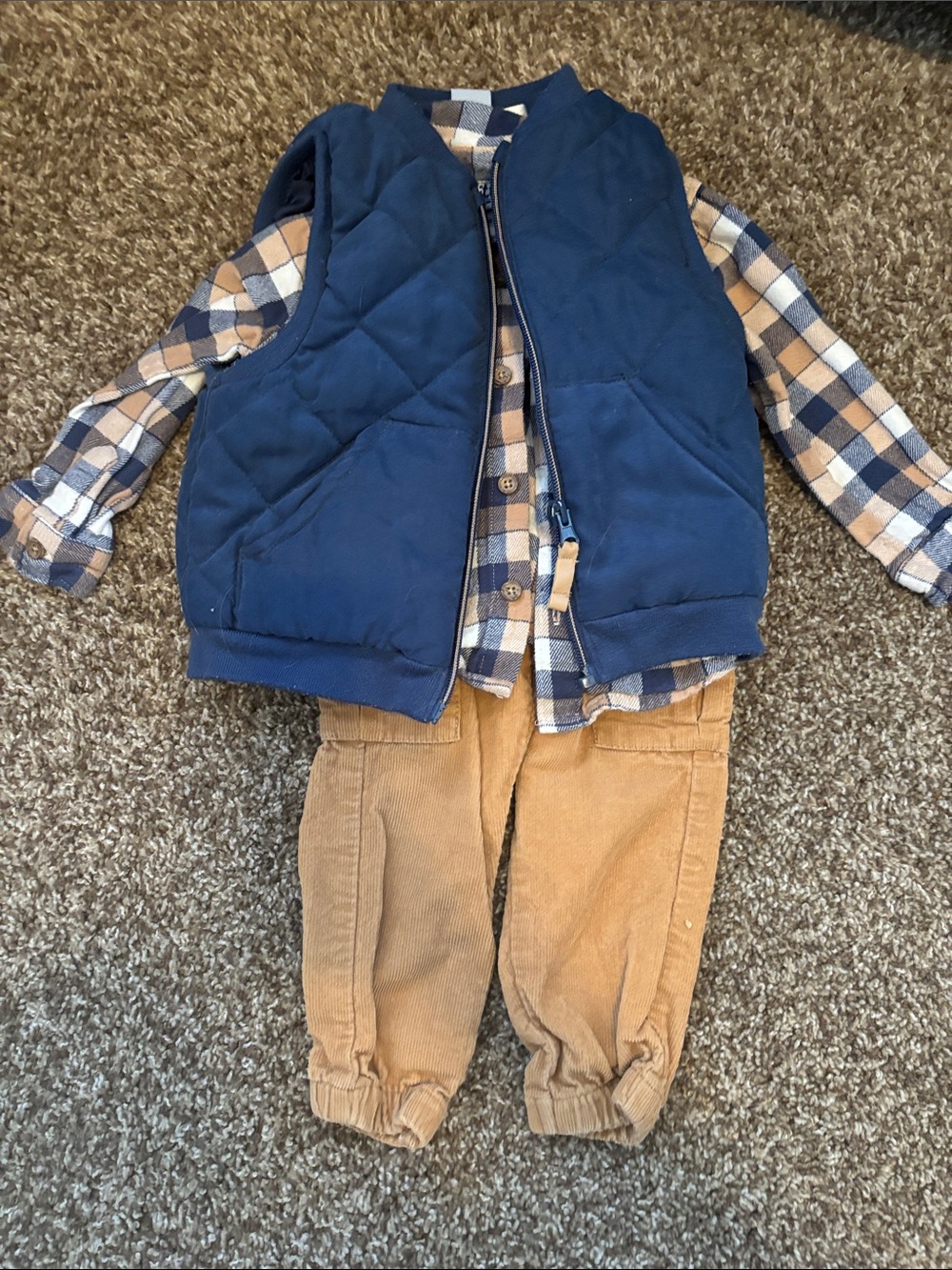 Kids Navy Quilted Vest & Plaid Shirt Matching Set with Tan Pants